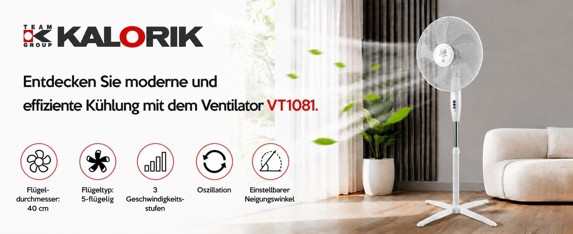 Standventilator KALORIK VT1081 40 cm 45 W  5-Flügel  Oszillation  Höhenverstellbar Weiß