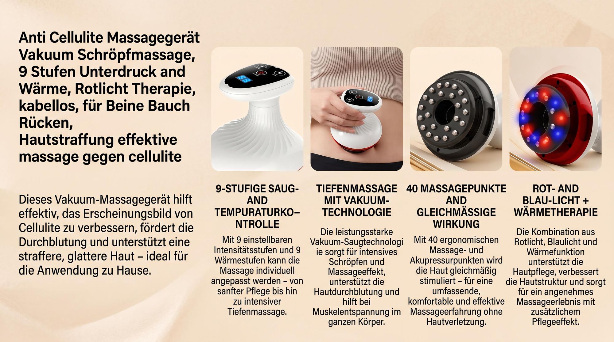 Anti Cellulite Massagegerät, Vakuum Schröpfmassage, 9 Stufen Unterdruck & Wärme, Rotlicht Therapie, kabellos, für Beine Bauch Rücken, Hautstraffung