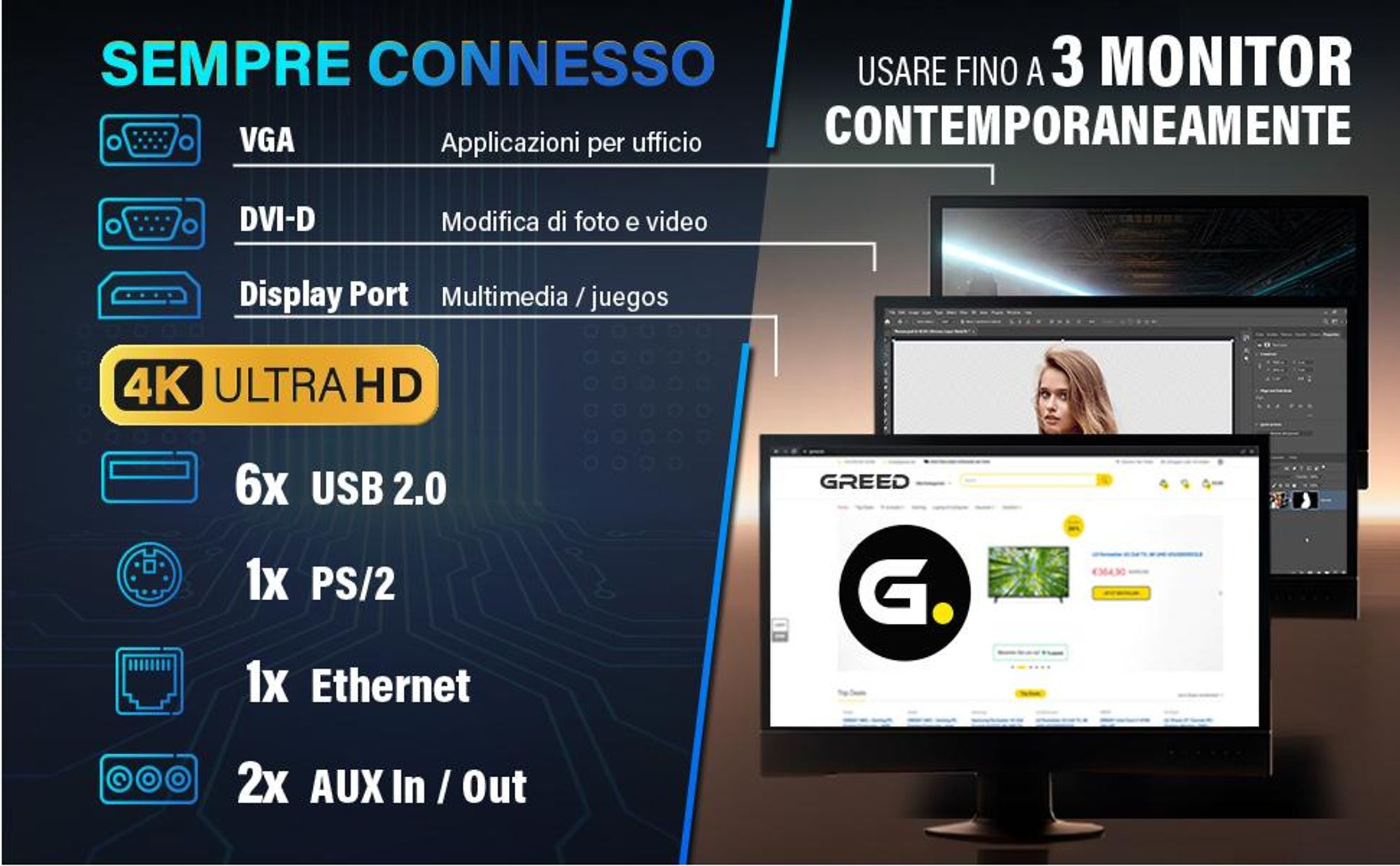 GREED® Multimedia 7 Pc - Intel Core i7 da 4,0 GHz - Computer fisso per ufficio - 16 GB RAM DDR4 - 240 GB SSD + 1 TB HDD - DVD - WiFi + Windows 11 Pro