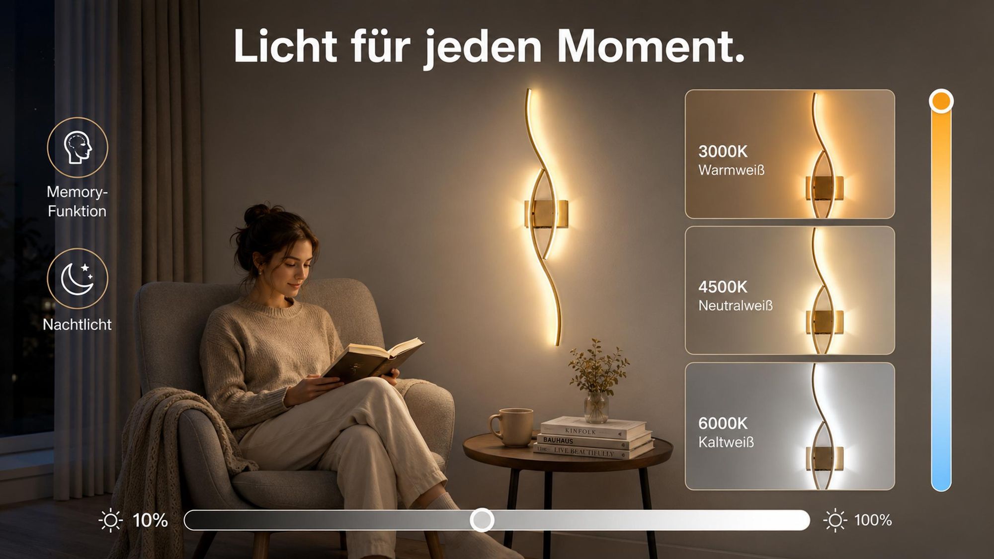 Akku Wandleuchte Innen 100cm 1Stk, Kabellos Wandlampe Gold mit Fernbedienung & Schalter 10000mAh Dual-Seitenlicht Flur Treppenhaus Schlafzimmer