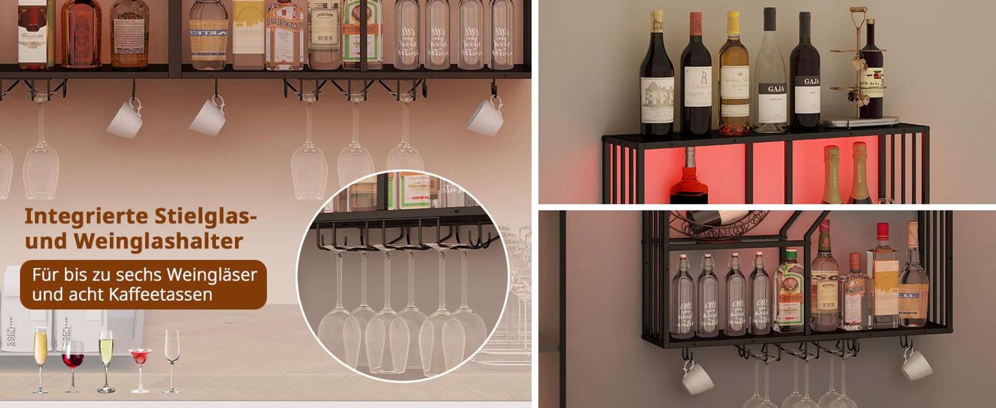 Puluomis Weinregal LED Wandregal 100cm mit RGB-Beleuchtung, App-Steuerung, Beleuchtetes Regal, Sicherheitsglas, 2 Tassenhalter, Weinglashalter schwarz