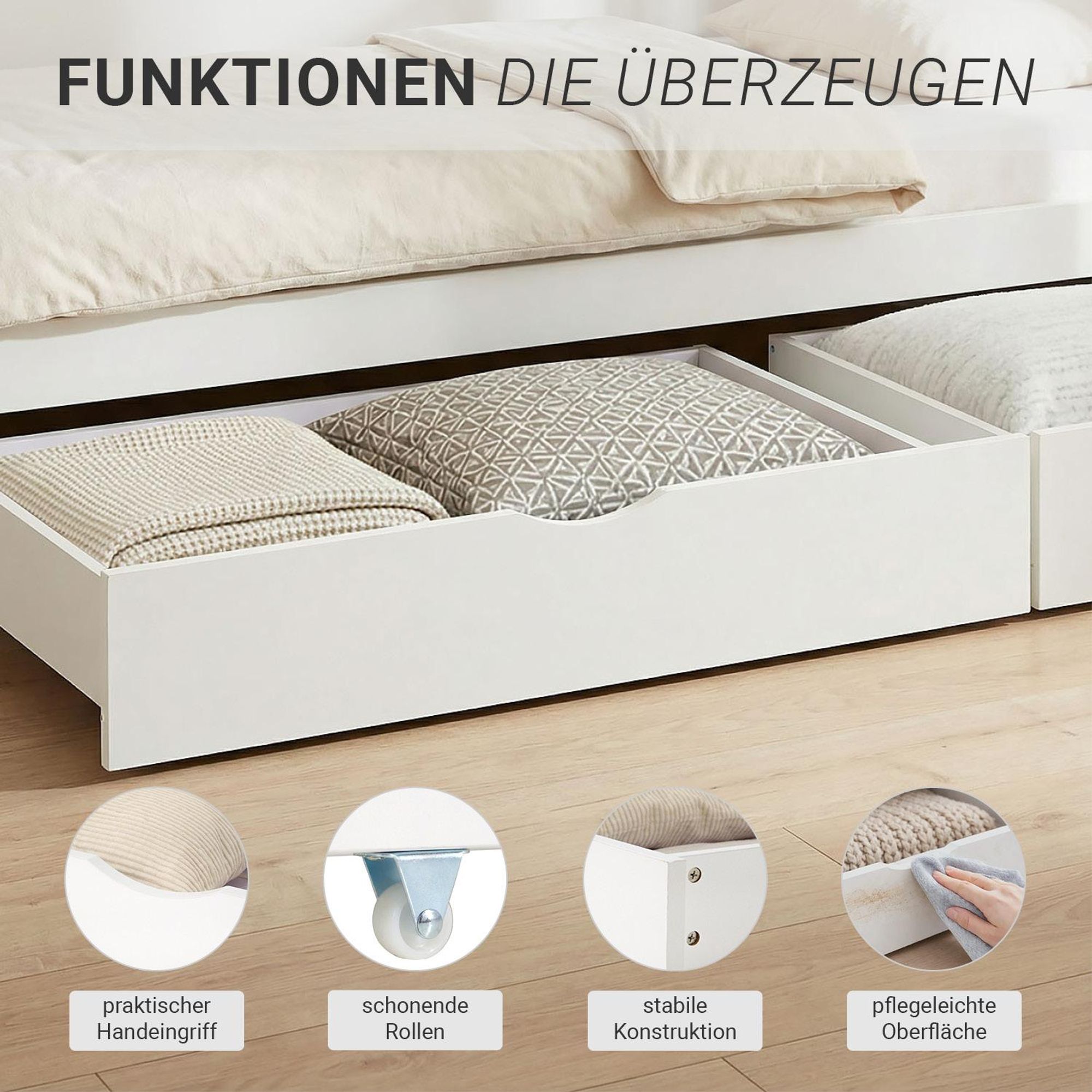 Die Schubkästen verfügen über einen praktischen Handeingriff und lassen sich auf Rollen schieben.