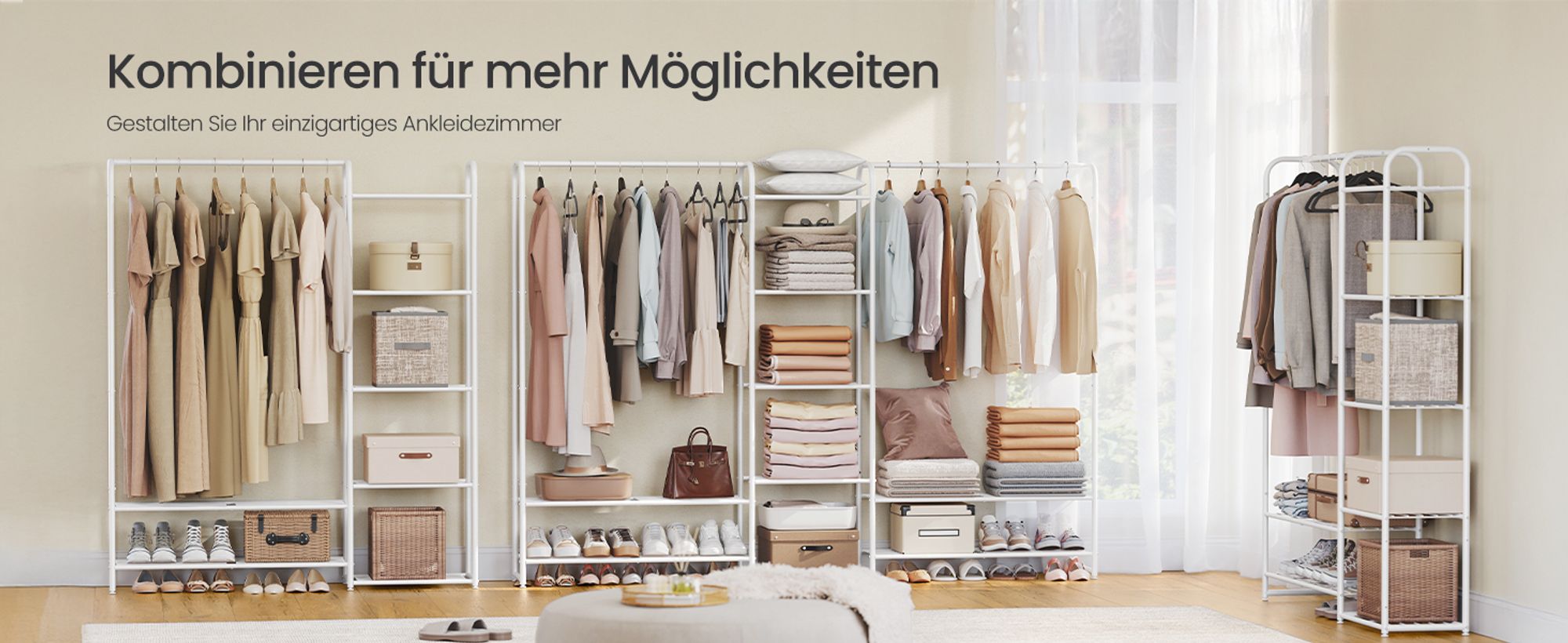 SONGMICS Kleiderständer, offener Kleiderschrank, Kleiderstange, Garderobenständer mit Ablagen, Garderobe aus Metall, freistehend,  mattweiß