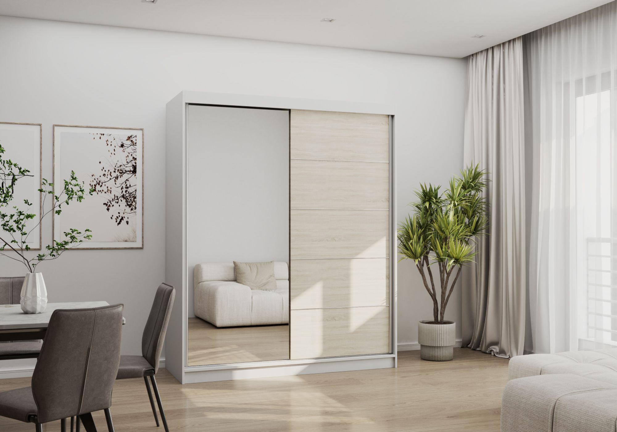 2er-Set Schwebetürenschrank Schrank Kleiderschrank mit Spiegel 150cm Weiß/Sonoma Bono 05 mit Kommode 135cm FRIDA 01