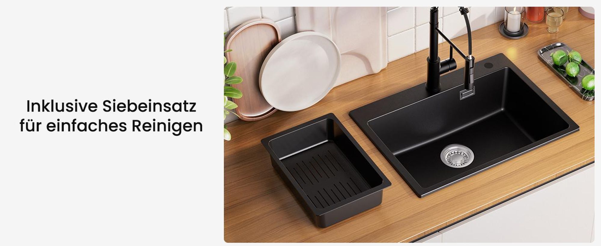 CECIPA Granitspüle 60x45 cm Schwarz Küchenspüle Granit Spülbecken Spüle Granit Einbauspüle Hitzebeständig Kratzfest mit Siphon, Pflegeleicht