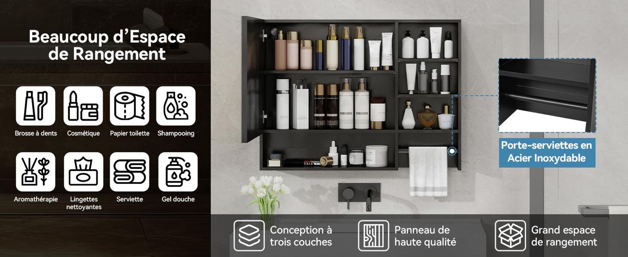 Puluomis armoire de toilette salle de bain 80cm avec 3 couleurs d'éclairage variable, horloge digitale porte-serviettes anti-buée armoire de salle de bain murale noire