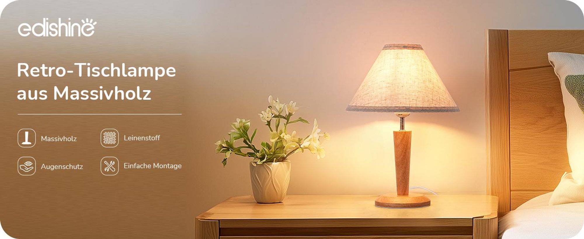 EDISHINE Tischlampe aus Holz, LED Nachttischlampe mit Lampenschirm ,inkl. 4W Leuchtmittel, 2700K Vintage Tischleuchte für Wohnzimmer, 34cm