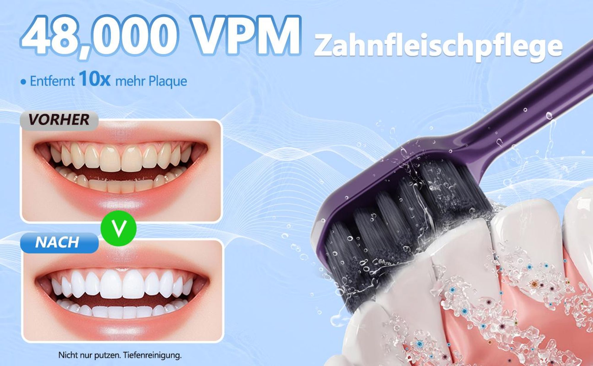 MCURO Elektrische Schallzahnbürste, 45.000 VPM, bis zu 180 Tage Akkulaufzeit, 5 Putzmodi, IPX7 wasserdicht, mit Timer & 6 Bürstenköpfen, Lila