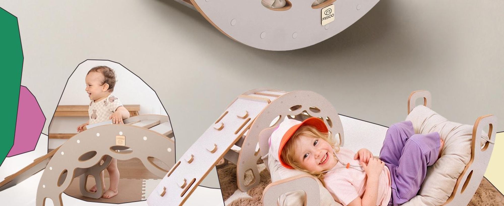 MISIOO Klettergerüst Indoor ab 1 Jahr, Montessori Kletterbogen 4in1 mit Rutsche, Kletterwand & Kissen, Holz Spielzeug für Baby und Kinder