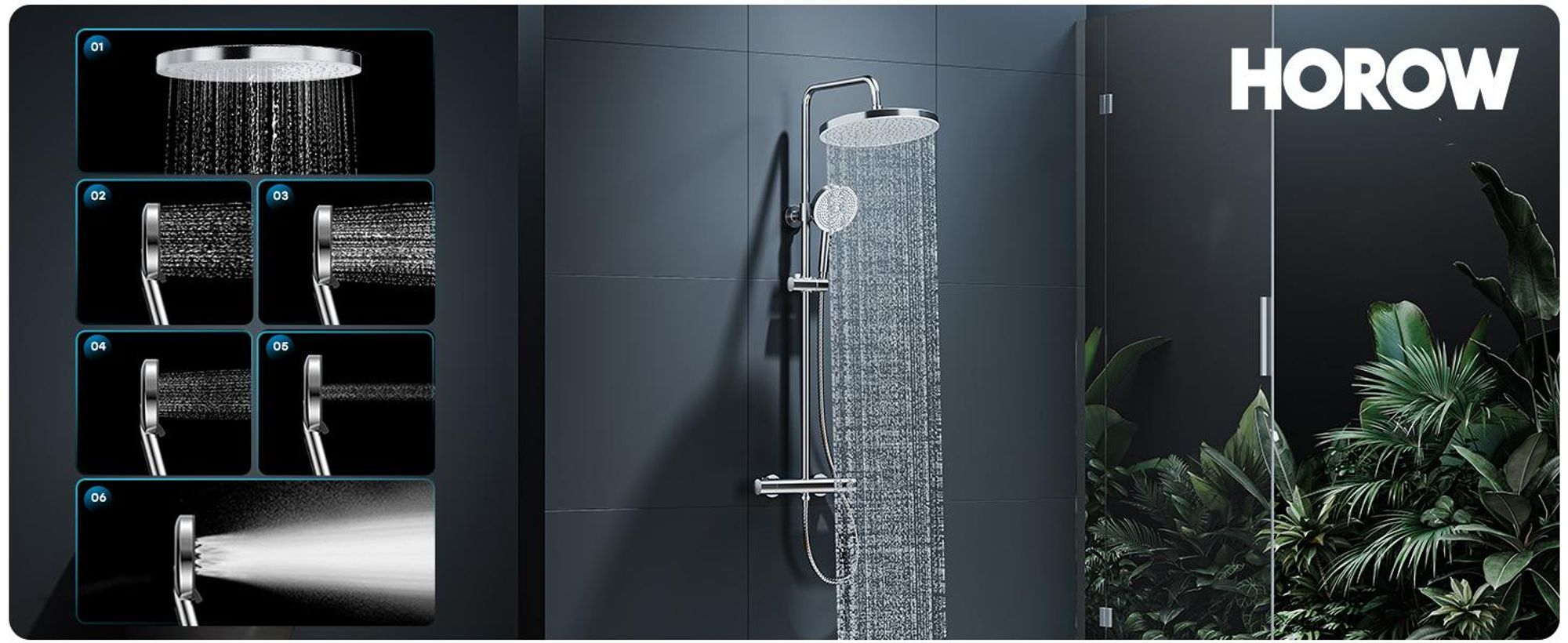 HOROW Duschsystem mit Thermostat, 5 Modi Strahlarten, große Regendusche Set Chrom, Duschsetit Thermostat, Höhenverstellbar, 30 cm Großem Kopfbrause