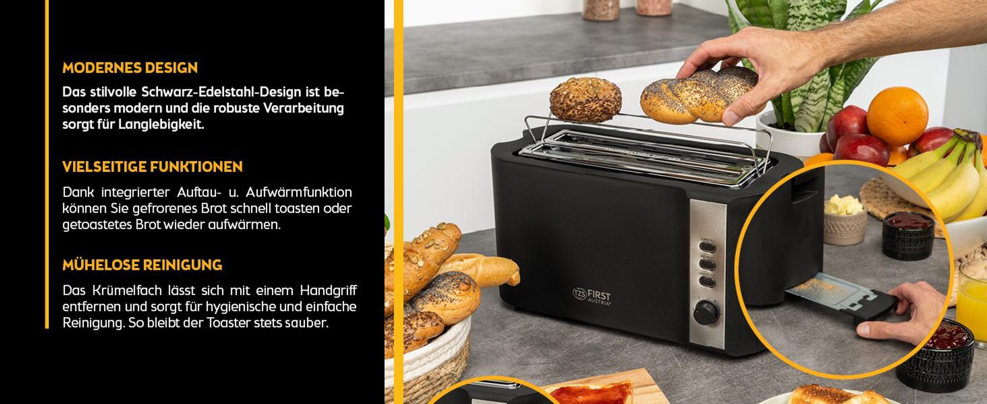 TZS First Austria Toaster Langschlitz, 4 Scheiben, 1200-1500W, 6 Bräunungsgrade, Auftau- und Aufwärmfunktion, Brotzentrierung, Krümelfach, Schwarz/Edelstahl