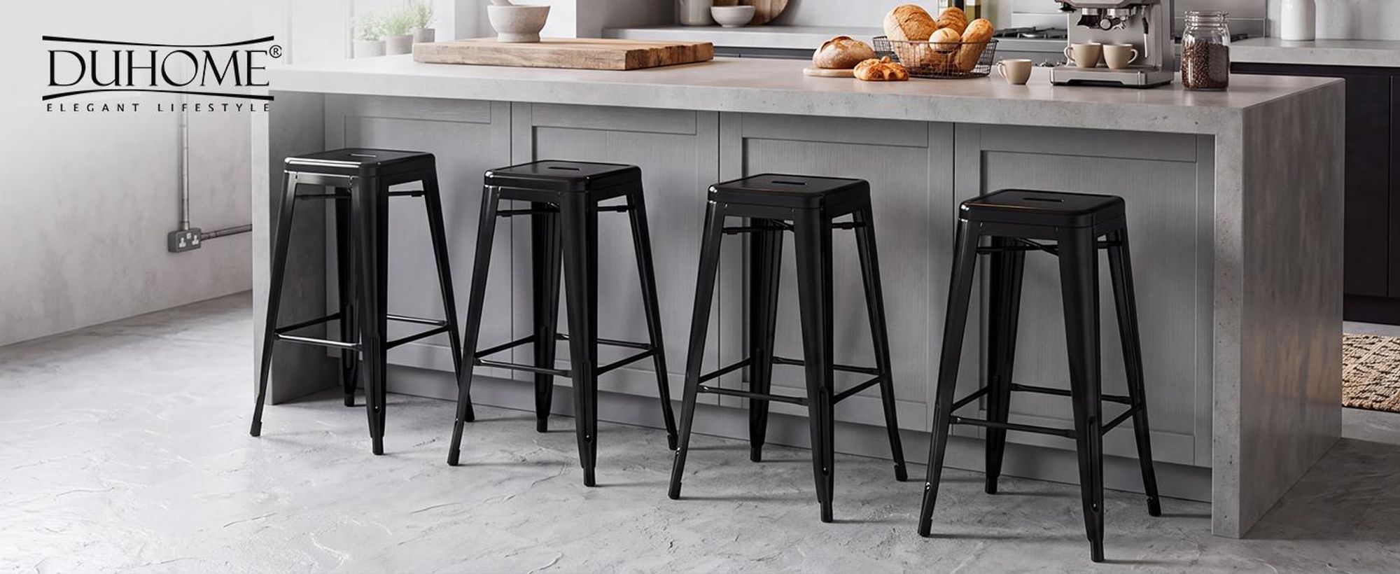 Duhome Barhocker Eisen Barstühle 4er Set, Sitzhöhe 76cm Tresenhocker, Stapelbar Metall Bistrohocker mit Fußstütze im Industry Design, Schwarz