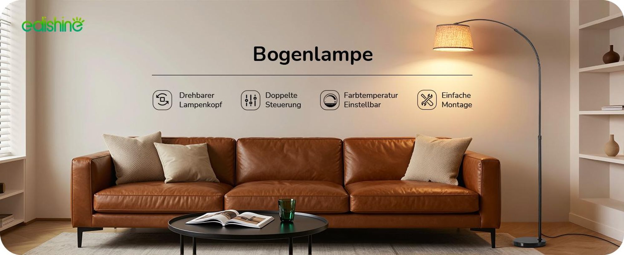 EDISHINE Stehlampe Dimmbar Wohnzimmer, Bogenlampe 143-176 cm verstellbar, mit drehbarem Lampenkopf, magnetische Fernbedienung