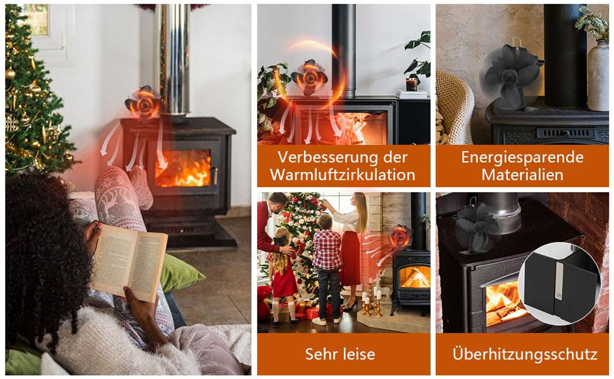 4-Blade Kaminventilator, Stromloser Ventilator für Kamin Holzöfen Öfen, Geräuscharmer Betrieb, Ventilator Ofenventilator Feuerstelle Kaminöfen