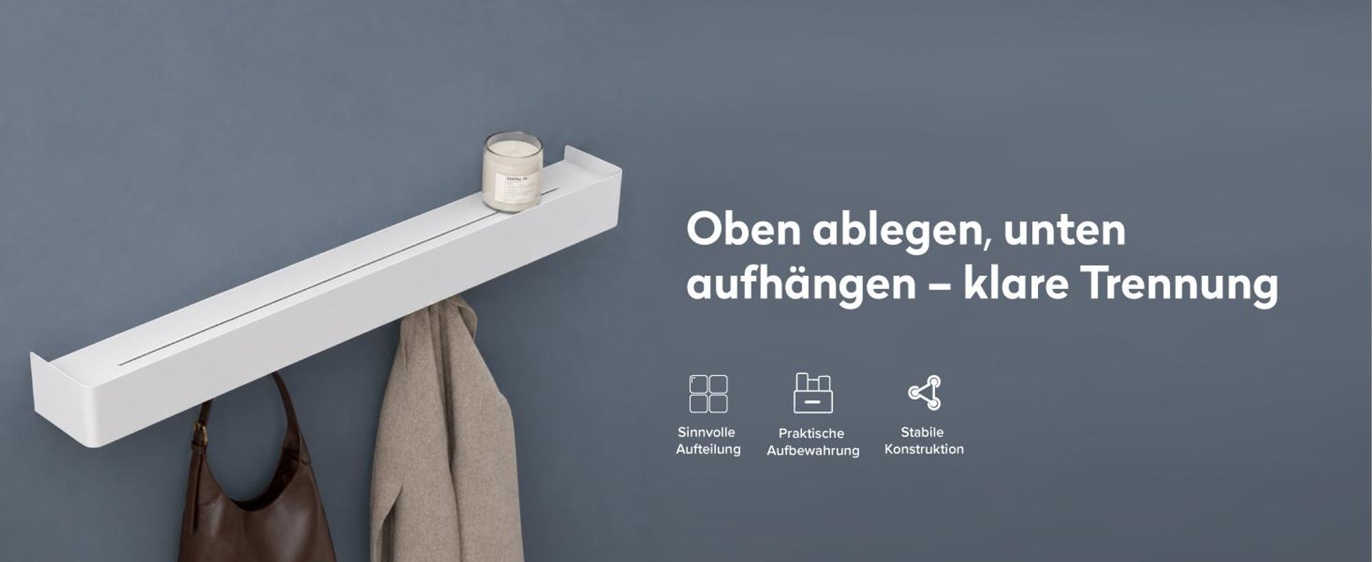 doporro Wandgarderobe mit Ablage, Garderobenleiste 80 cm mit 8 Garderobenhaken, Kleiderhaken Wand ohne Bohren Weiß Reglo-05