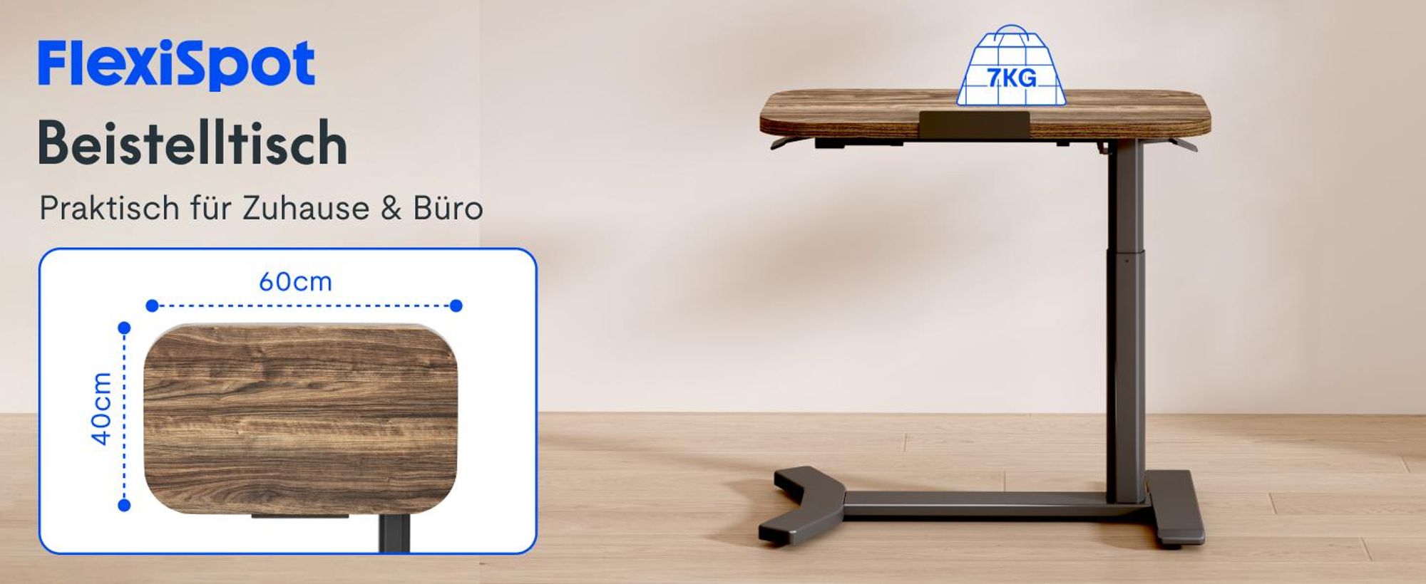 FLEXISPOT Beistelltisch Höhenverstellbar in C-Form, klappbarer Laptoptisch mit Rollen, 65–105 cm, Nachttisch, für Bett und Sofa, Braun