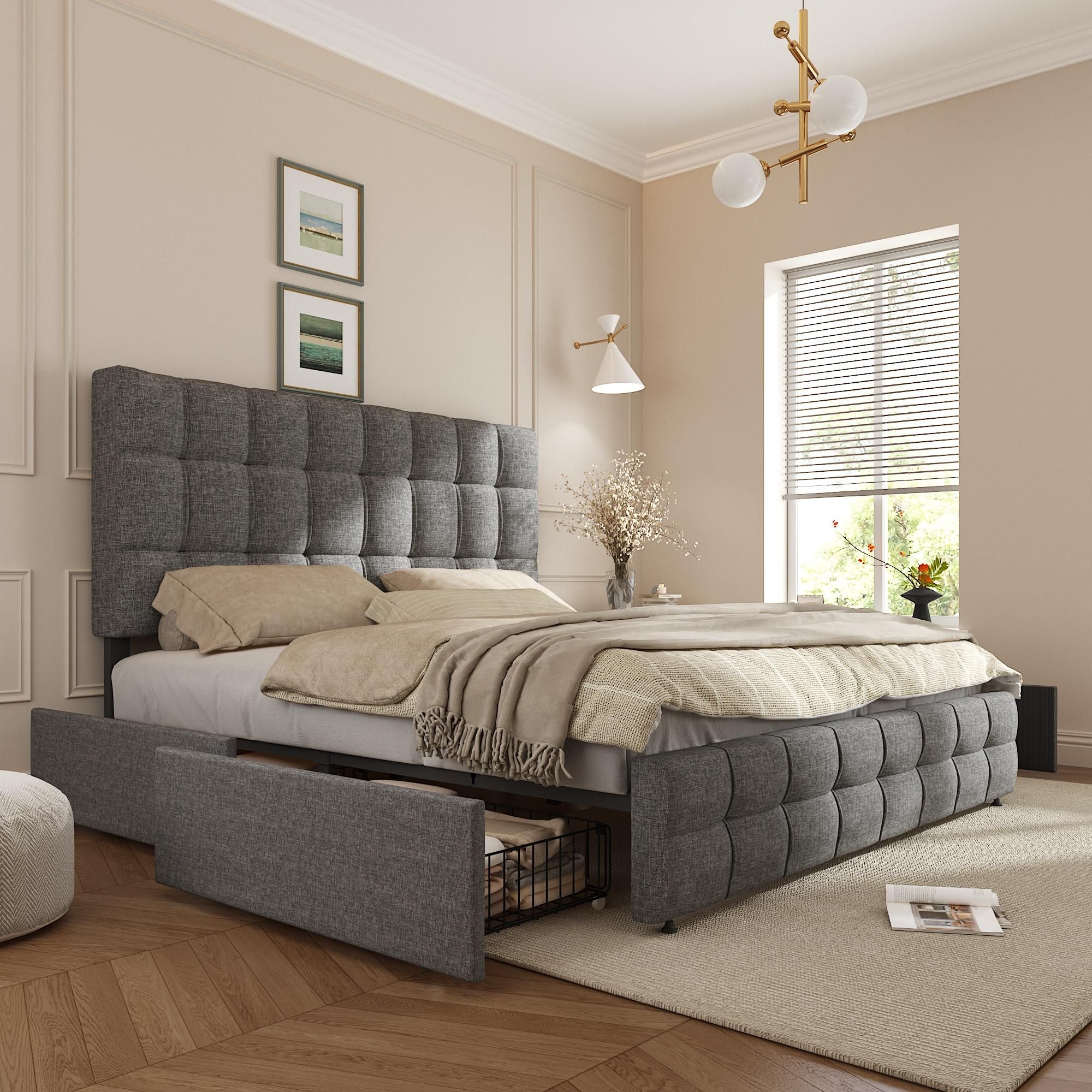 Flieks Polsterbett 140x200cm Doppelbett mit Schubladen und Lattenrost, Stauraumbett Funktionsbett Holzbett Ehebett, Leinenmaterial, grau