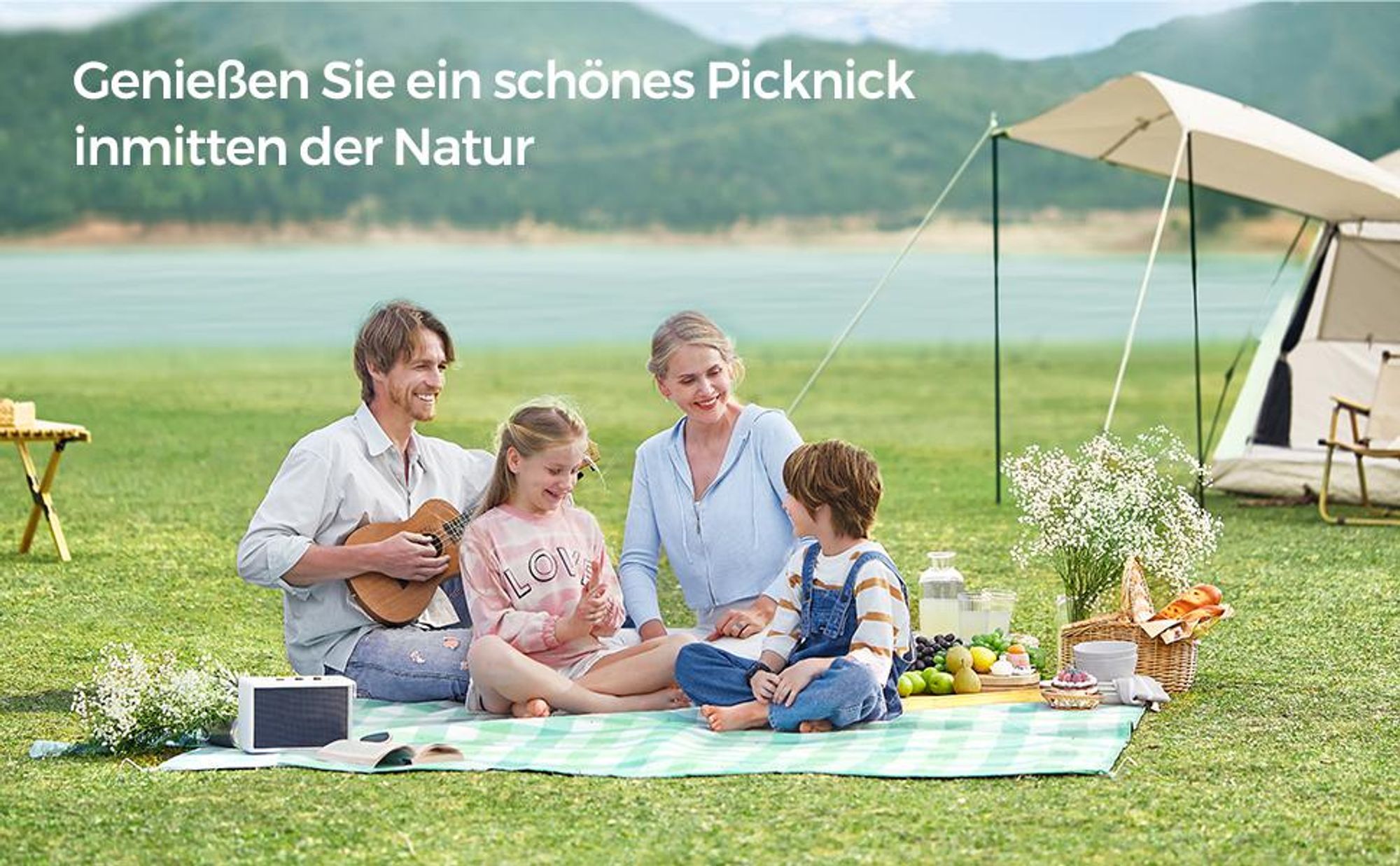 SONGMICS Picknickdecke, 200 x 200 cm, mit 4 Erdankern, wasserdicht, grün-weiß
