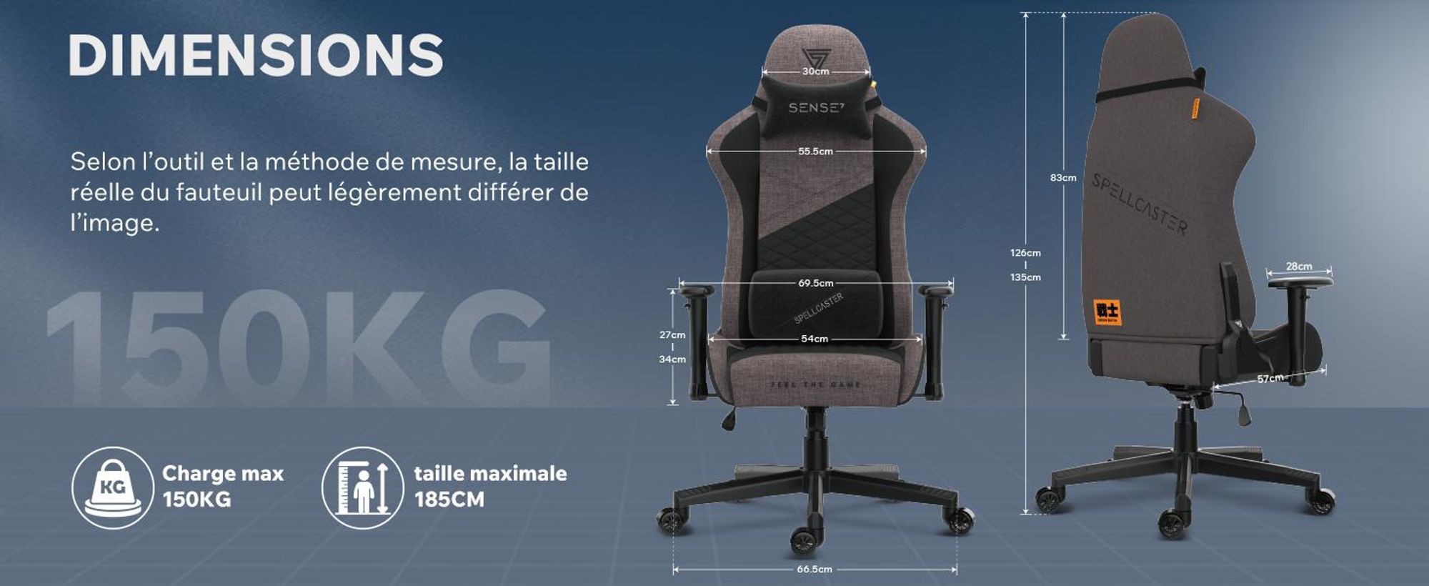 SENSE7 Žaidimų kėdė Sense7 Spellcaster Senshi Edition fabric Gaming Chair, Pilka