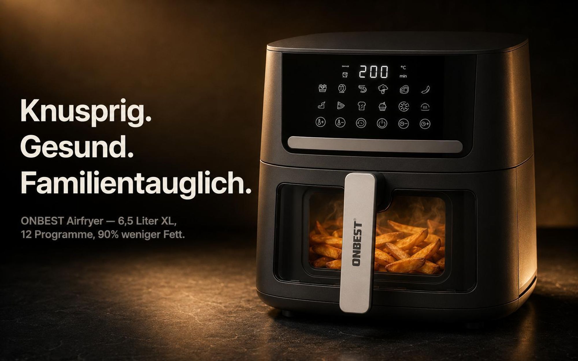 ONBEST Heißluftfritteuse Airfryer AF1665 | mit 100 Backpapier | XXL | 6,5 L | 1600 W | 12 Kochprogramme | Mit Sichtfenster