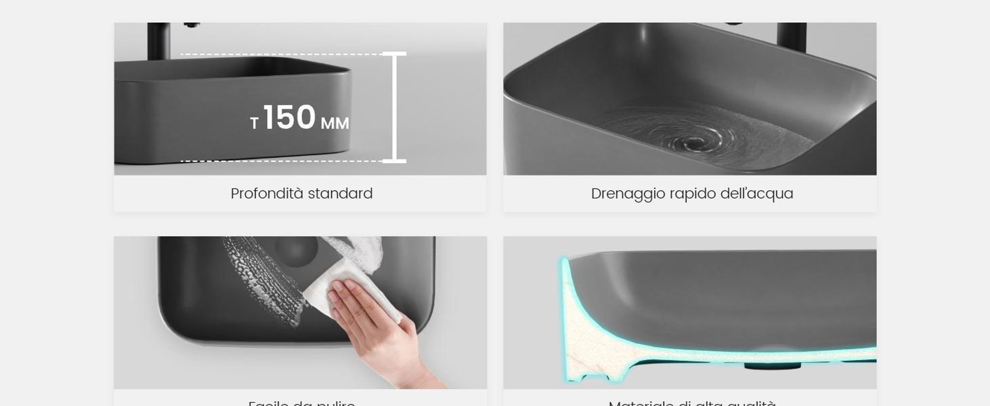 Lavabo da appoggio EMKE rettangolare 610 x 380 x 150 mm Grigio scuro opaco Lavabo in ceramica Senza foro per rubinetteria – Ideale per rubinetteria a parete e rubinetteria ad alzata
