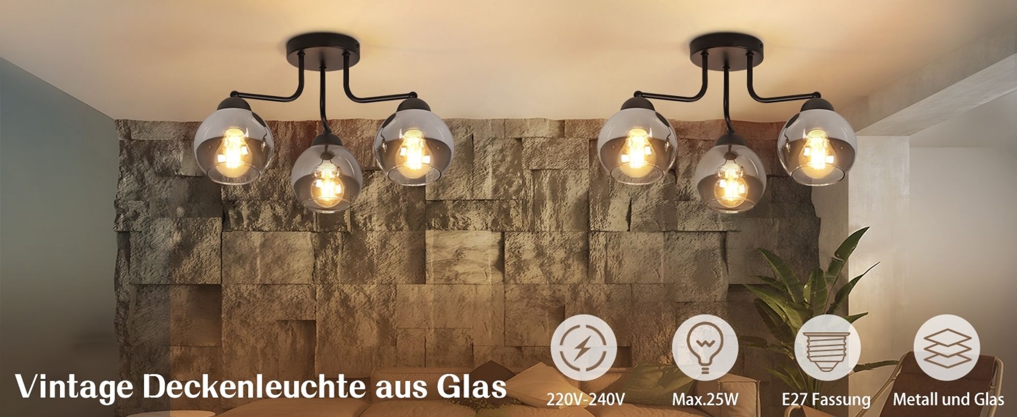 ZMH deckenleuchte Glas Deckenlampe Schwarz Vintage Küchenlampe Decke 3 flammig Industrial E27 Fassung Kugel Deckenbeleuchtung rund Ohne Leuchtmittel