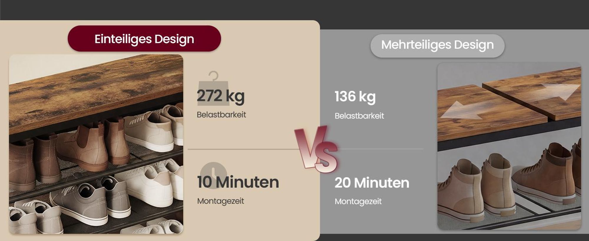 VASAGLE Sitzbank mit 3 Ebenen, Schuhregal im Industrie-Stil, für Flur, einfache Montage, braun-schwarz