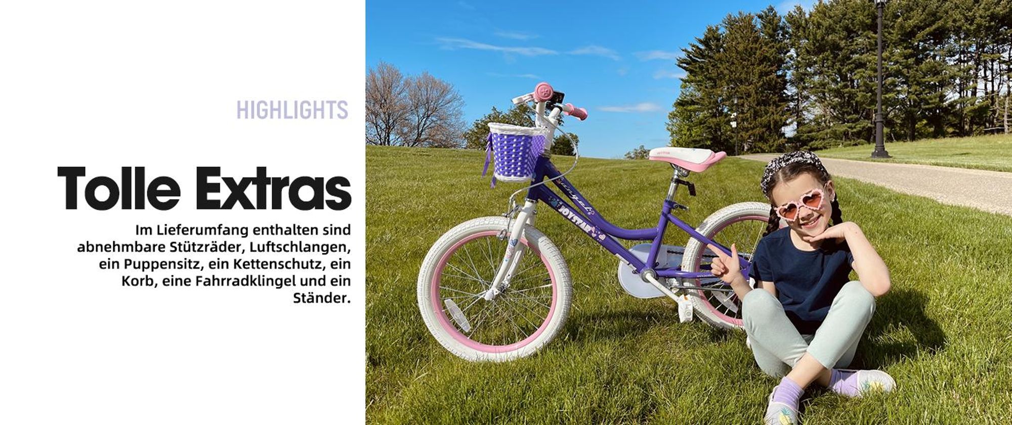 HILAND 14 Zoll Mädchen Kinderfahrrad mit Korb & Bändern, Vorderen Zangenbremse & Rückwärtige Pedalbremse, Stützräder, Hell-Pink