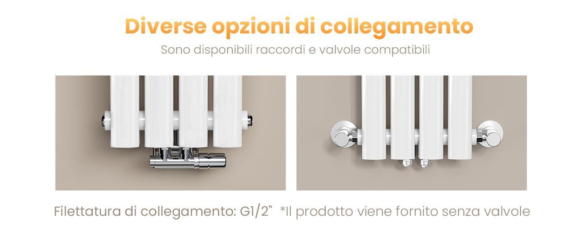 Radiatore tubolare di design EMKE per il funzionamento ad acqua calda con attacco centrale verticale ovale monostrato 427 watt 24cm x 160cm bianco senza elemento riscaldante