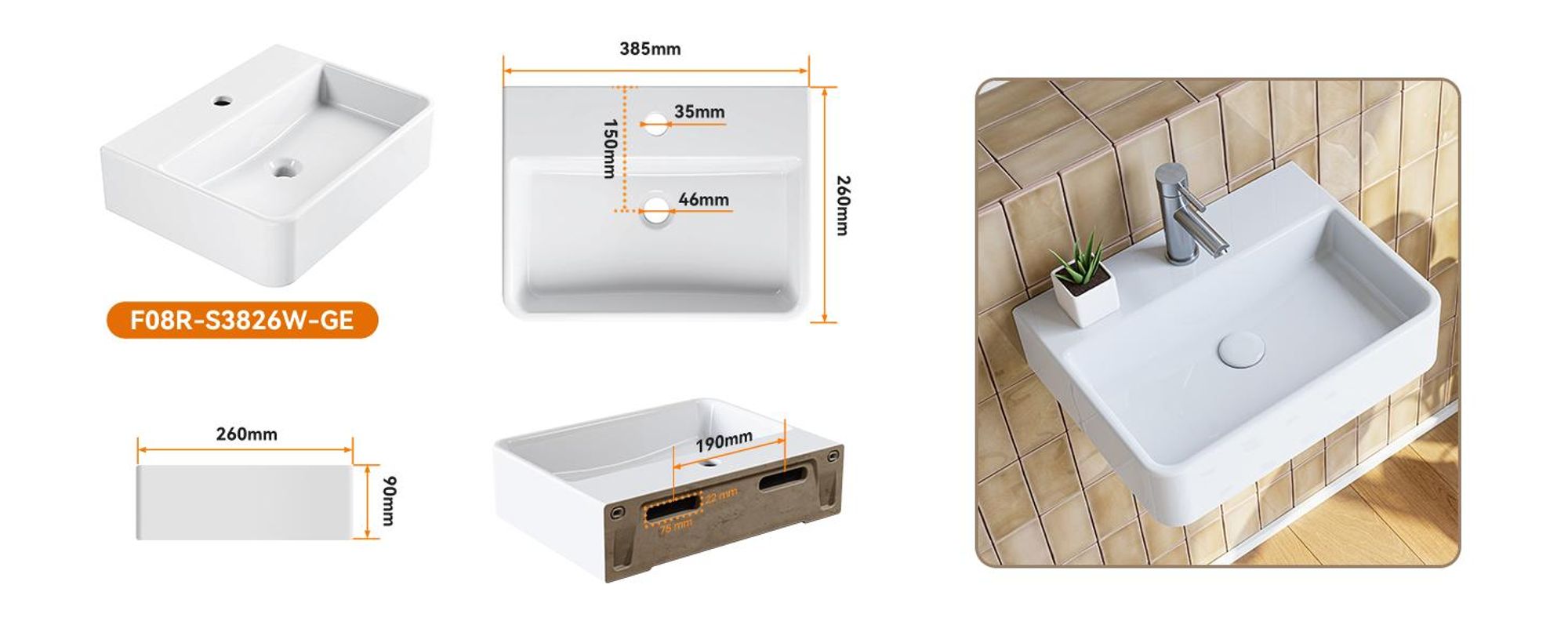 HOROW Hänge Waschbecken Aufsatzwaschbecken mit Hahnloch Klein Waschschale Keramik Weiß Rechteckig Handwaschbecken 38 x 26 cm