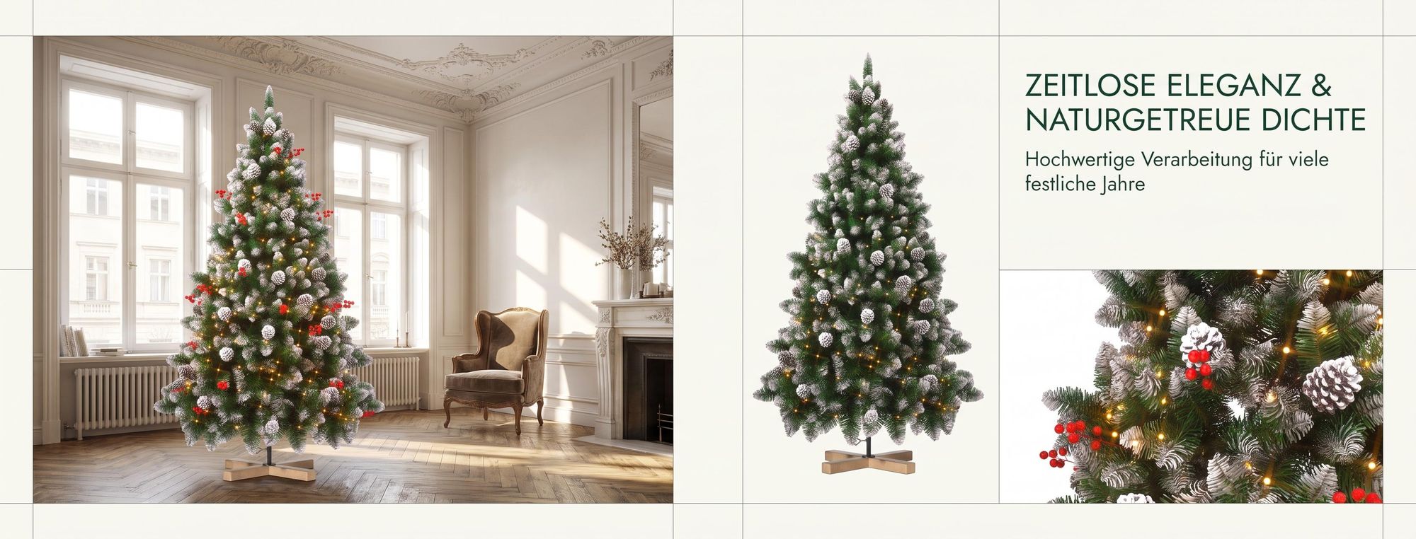 LARS360 Künstlicher Weihnachtsbaum 150 cm mit Holzständer, Schnee-Effekt, Tannenzapfen und roten Beeren, grüner Weihnachtsbaum für Weihnachten