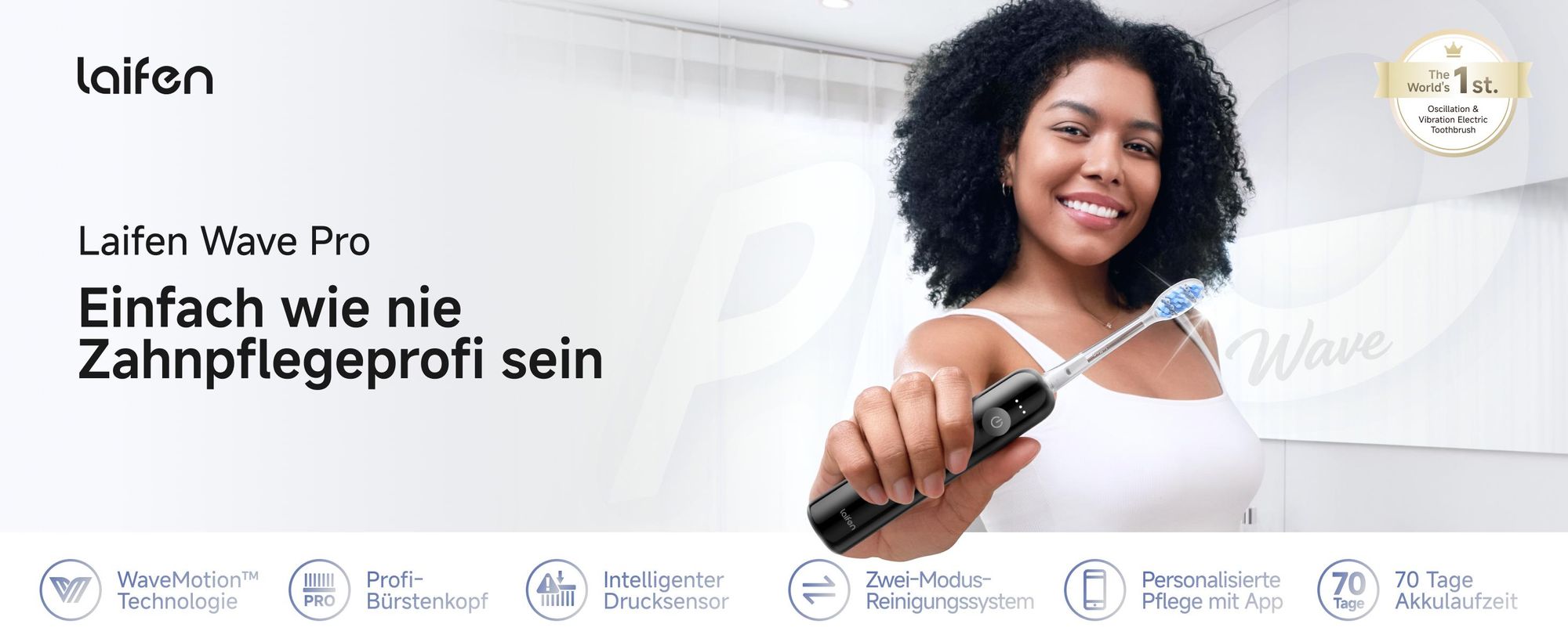 Laifen Wave Pro Elektrische Schallzahnbürste mit App, Drucksensor, 70 Tage Akku, kabelloses Laden und intelligenter Reinigungstechnologie-schwarz