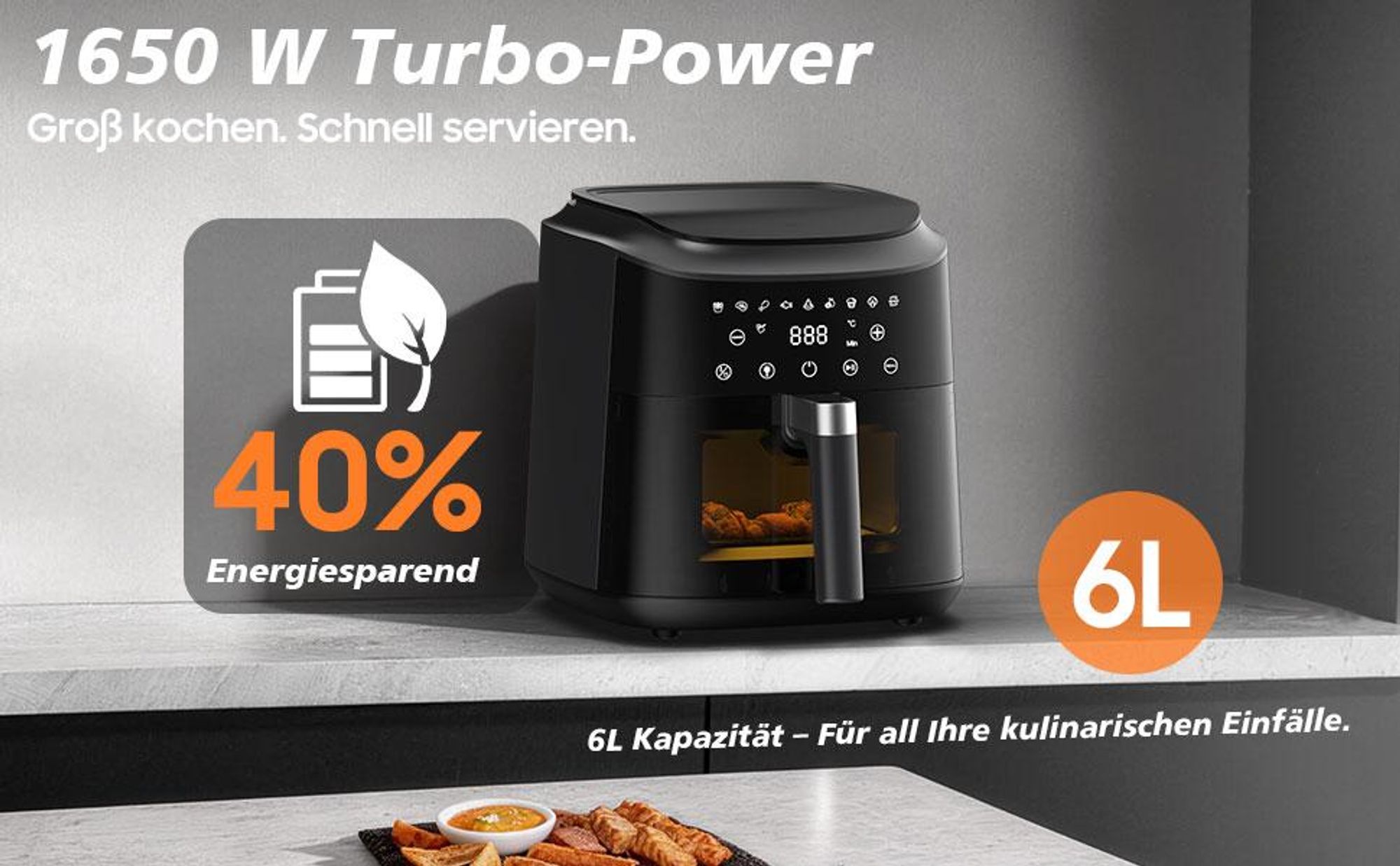 Airfryer, 6l Heißluftfritteuse, 9 Programme, 40–240 °C, Warmhalte-Funktion, Sichtfenster, Antihaftbeschichtung, 1650 W, Schwarz