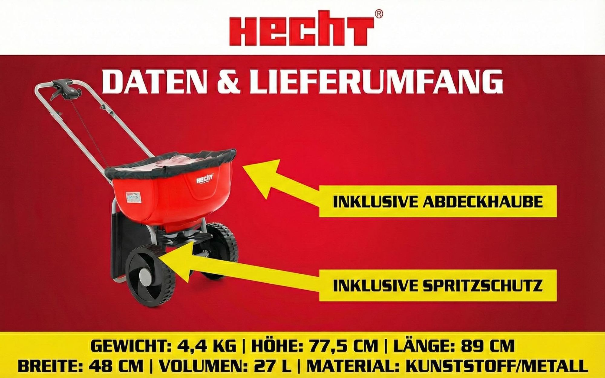 HECHT 270 Düngerstreuer Streuwagen | 27 Liter | mit Abdeckhaube | Stufenlose Mengeneinstellung