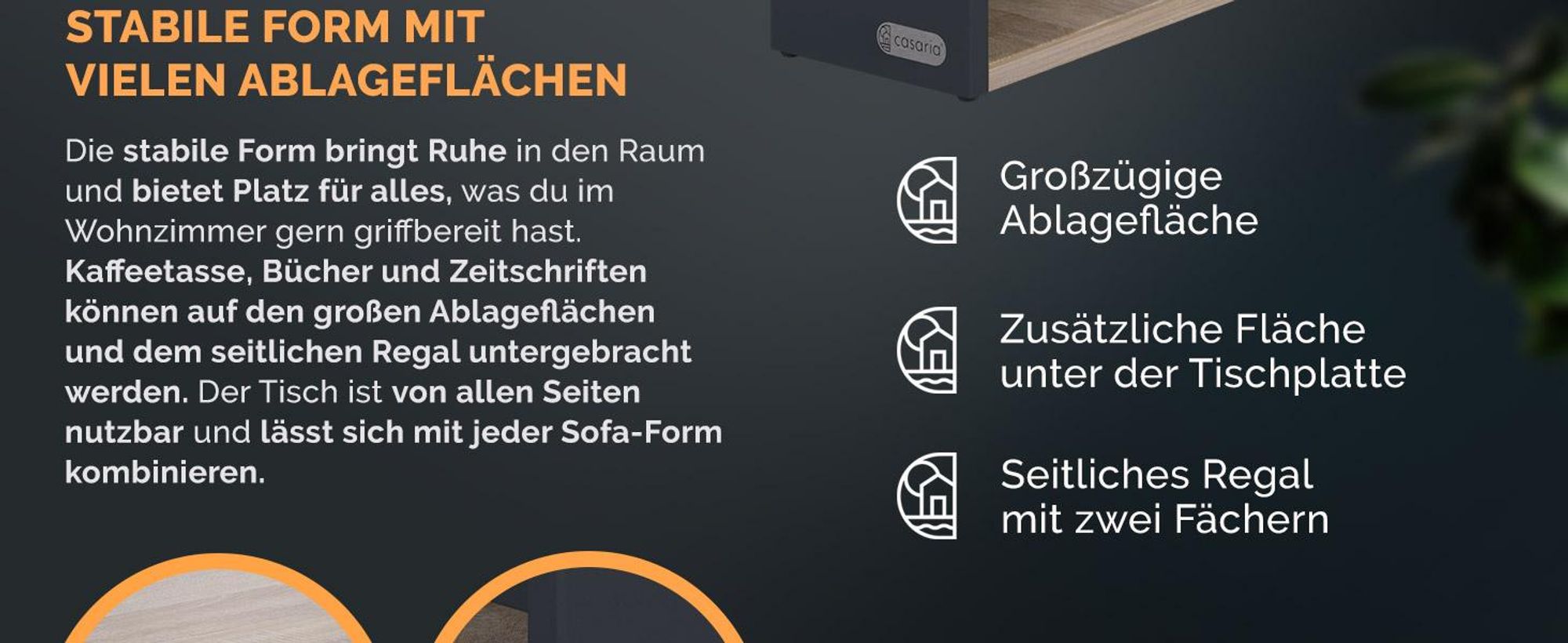 CASARIA Couchtisch mit Stauraum Holz-Grau