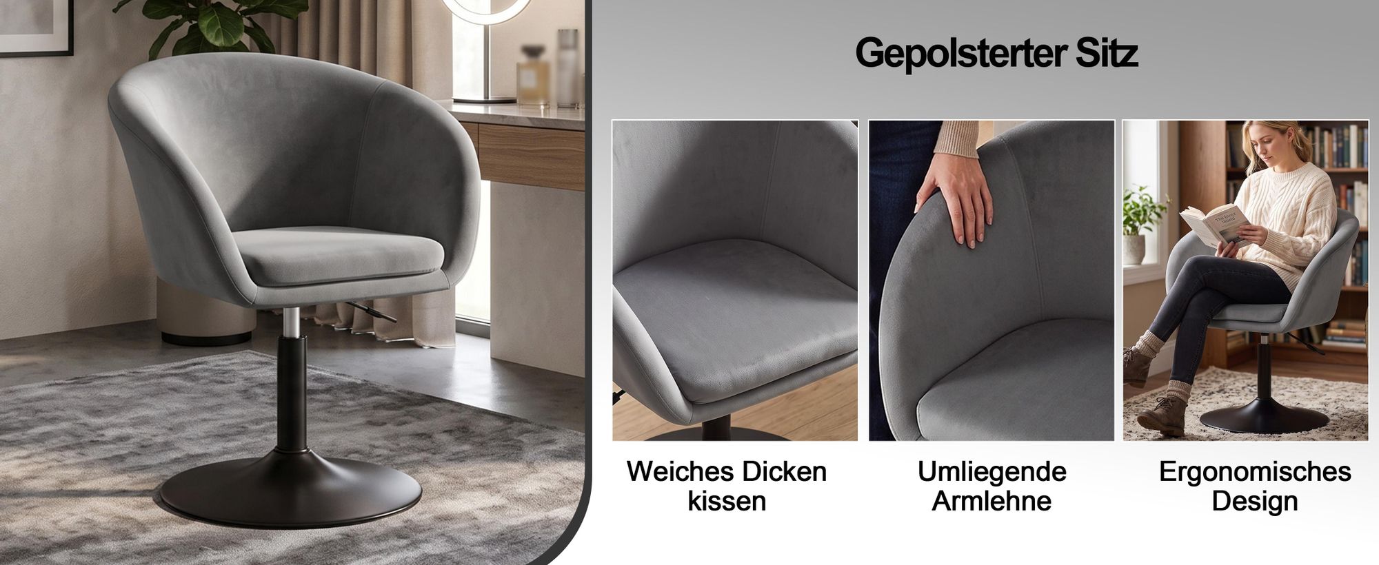 Duhome Clubsessel Cocktailsessel aus Samt Loungesessel Höhenverstellbar Drehhocker mit Armlehne und Rücklehne, Grau