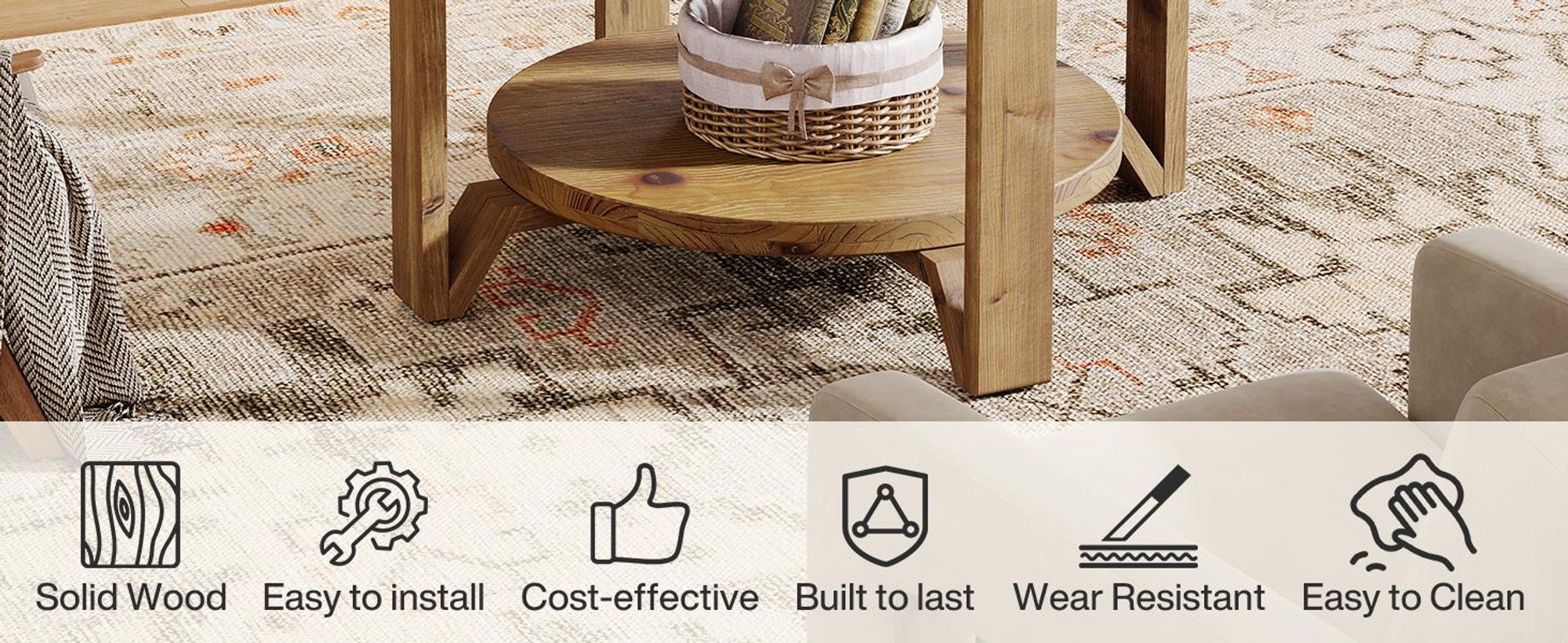 Tribesigns Runder Couchtisch Massivholz, 80 cm, zwei Ablageflächen, das Wohnzimmer, im Landhausstil, braunes Massivholz mit natürlicher Maserung