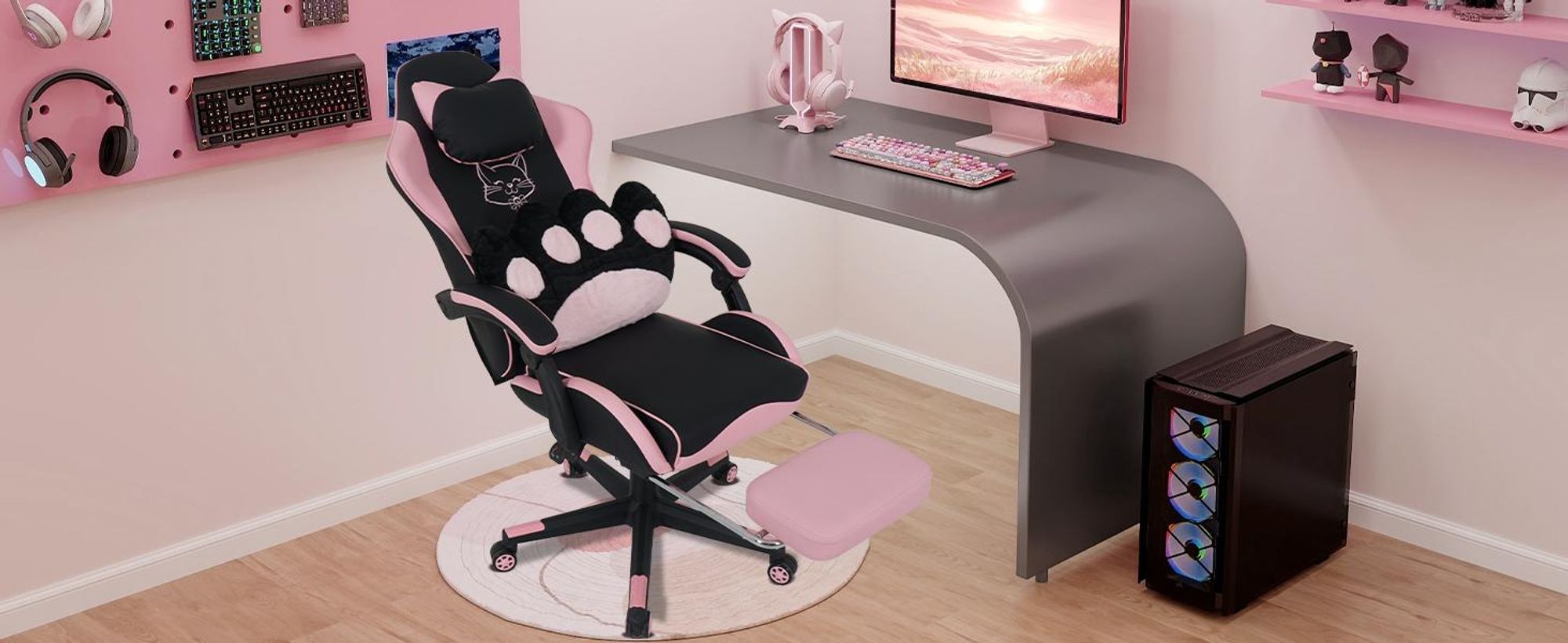 Puluomis Gaming Stuhl mit Fußstütze, Bürostuhl Chefsessel Schreibtischstuhl Racing Stuhl ergonomisch drehbar höhenverstellbar Katze Schwarz Pink