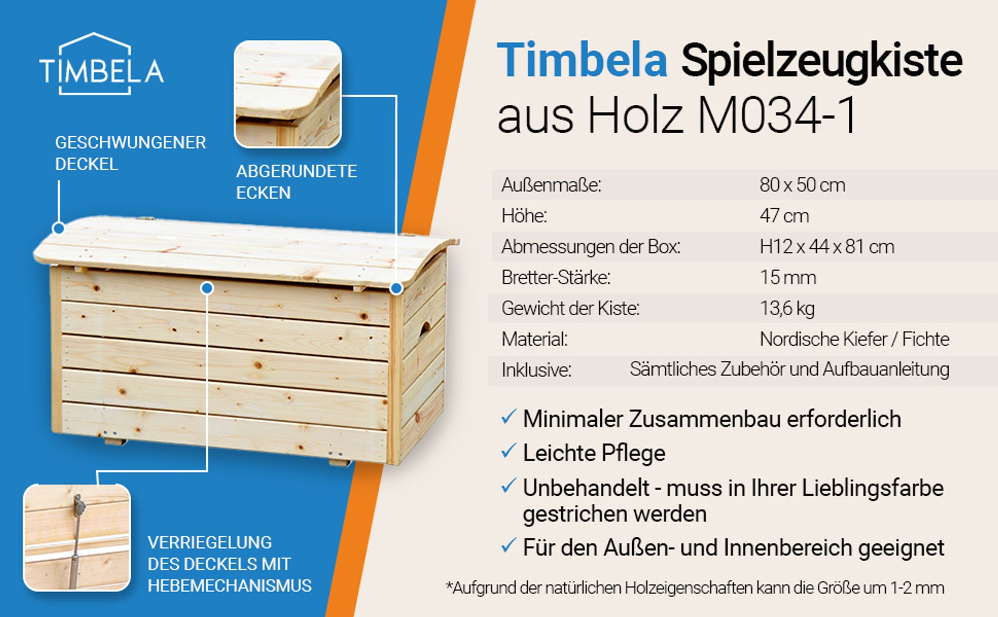 Holzkiste Mit Deckel - Aufbewahrungsbox Garten 80 x 50 x H47 cm – TIMBELA M034-1