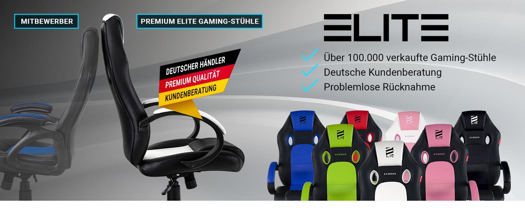Elite Gaming Stuhl EXODUS | Bürostuhl Ergonomisch - Schreibtischstuhl - PC Gamer Racing Stuhl - Gaming Sessel - Computerstuhl - Belastbar bis 150 kg