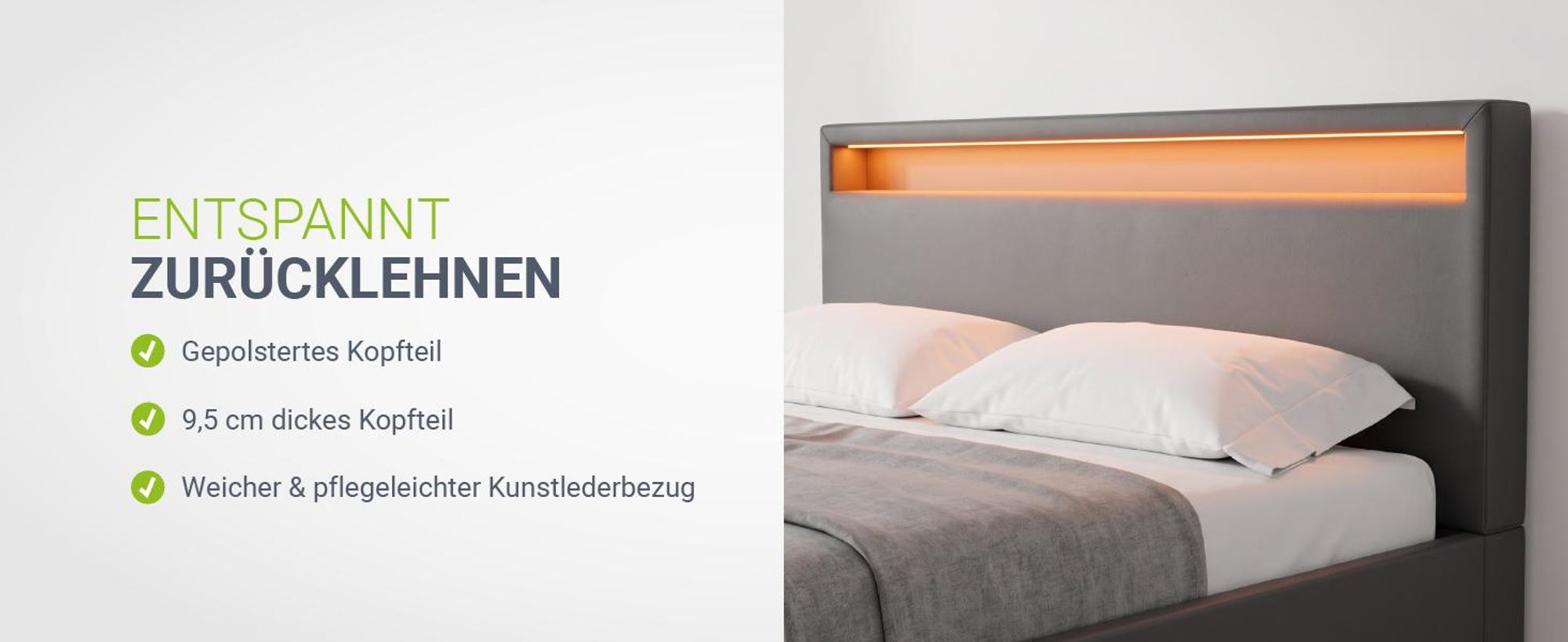 Juskys Polsterbett Lyon 140 x 200 cm grau – Bettgestell mit Lattenrost, Bettkasten & LED Beleuchtung – Kunstleder & Holz – Bett Jugendbett