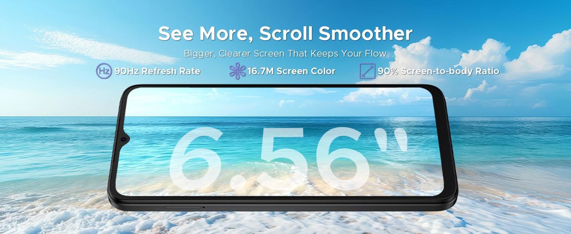 DOOGEE Note56 Plus, smartphone, Android 16, 6,56" displej s obnovovací frekvencí 90 Hz, baterie 6150 mAh, 48 GB RAM + 256 GB úložiště, 4G, 50 MP fotoaparát, NFC, čtečka otisků prstů, rozpoznávání obličeje, bez smlouvy