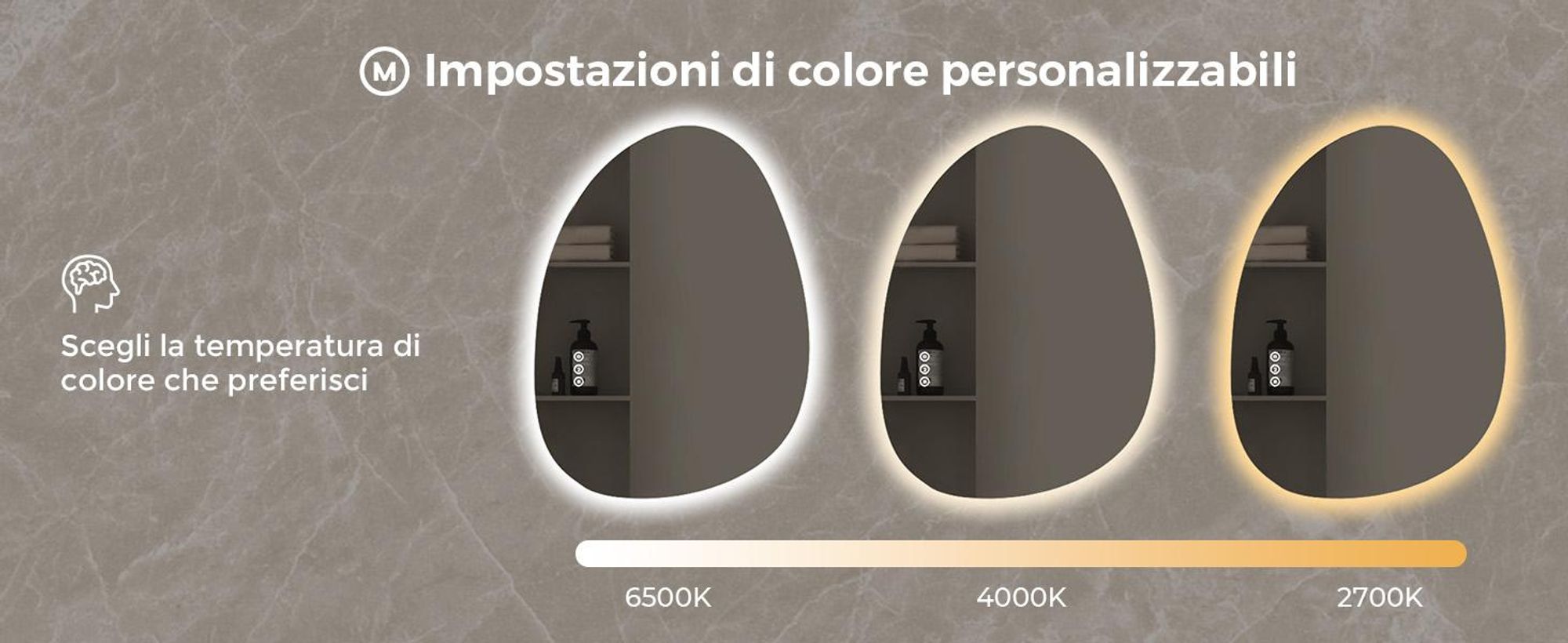 S'AFIELINA 60×45 cm Specchio asimmetrico LED - Specchio da bagno con illuminazione, funzione dimmer, montaggio orizzontale/verticale, antiappannamento, bagno e corridoio