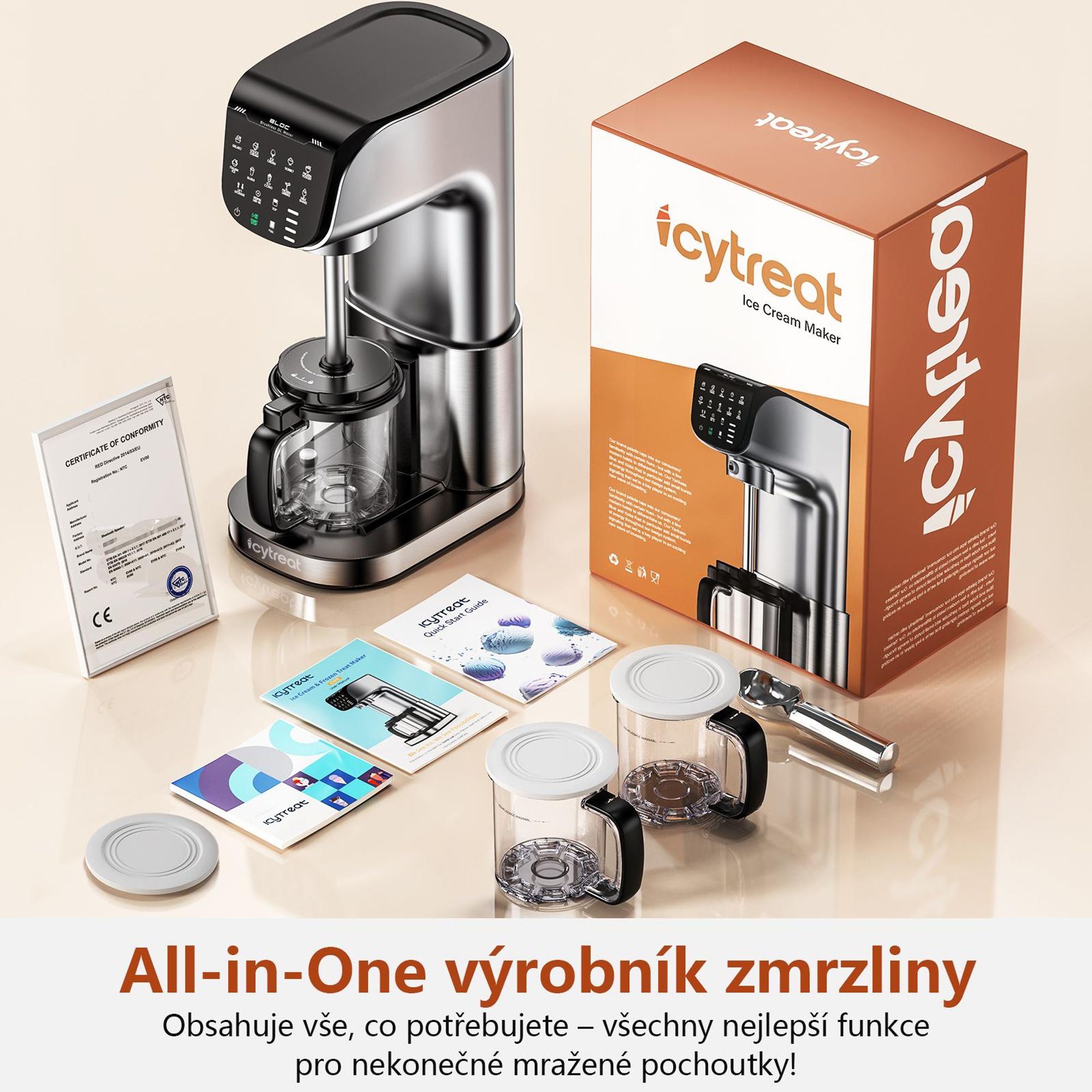 Výrobník zmrzliny IcyTreat IC-1010 EU – CE – Plně automatický, kryt z nerezové oceli – Vybavený 3 nádobami a 12 programy – Stříbrný
