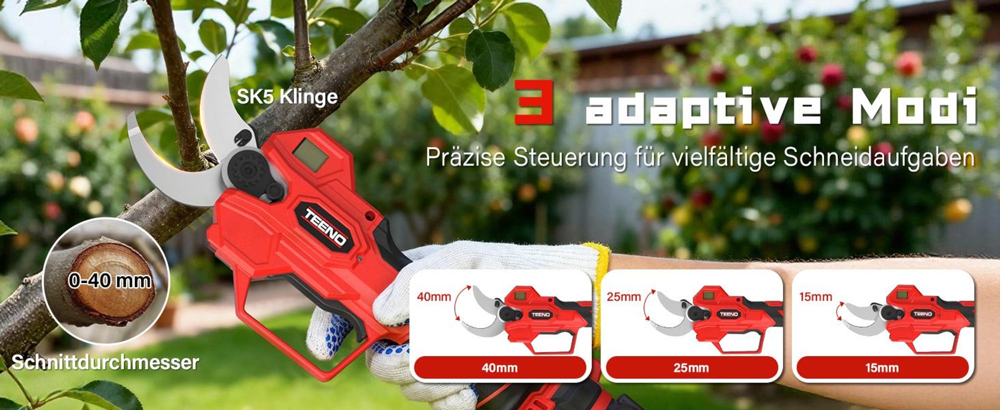 TEENO 2-in-1-Gartenwerkzeug-Set: Mini-Kettensäge mit Akku 6 Zoll + elektrische Gartenschere, kabellos, 0 – 40 mm, 2 x 4,0 Ah Batterien