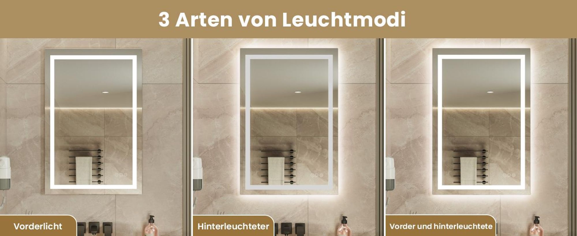 LED Badezimmerspiegel 90x60cm Rechteckig, 3 Lichtfarben Badspiegel mit Touch und Anti Beschlag, Dimmbar Badezimmer Spiegel, energiesparend Wandspiegel