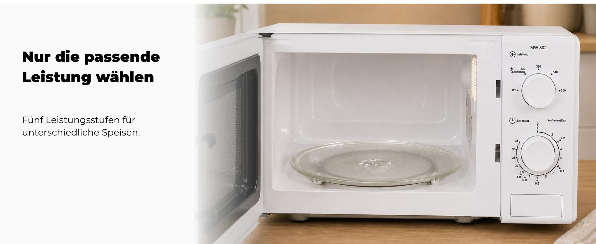 Exquisit Mikrowelle 20L, 700 Watt, 25,5cm Drehteller, 5 Leistungsstufen, Timer, Auftaufunktion, 2 Drehregler, MW 802 weiss