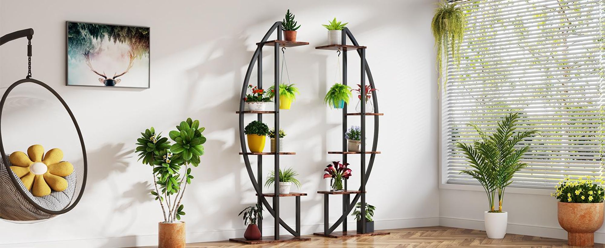 Tribesigns Blumenständer, 2 Stück Pflanzenregal mit 5 Ebenen und 2 Haken, 160cm Hoch Pflanzenständer Metall Blumenregal für Indoor Balkon(Mattschwarz)