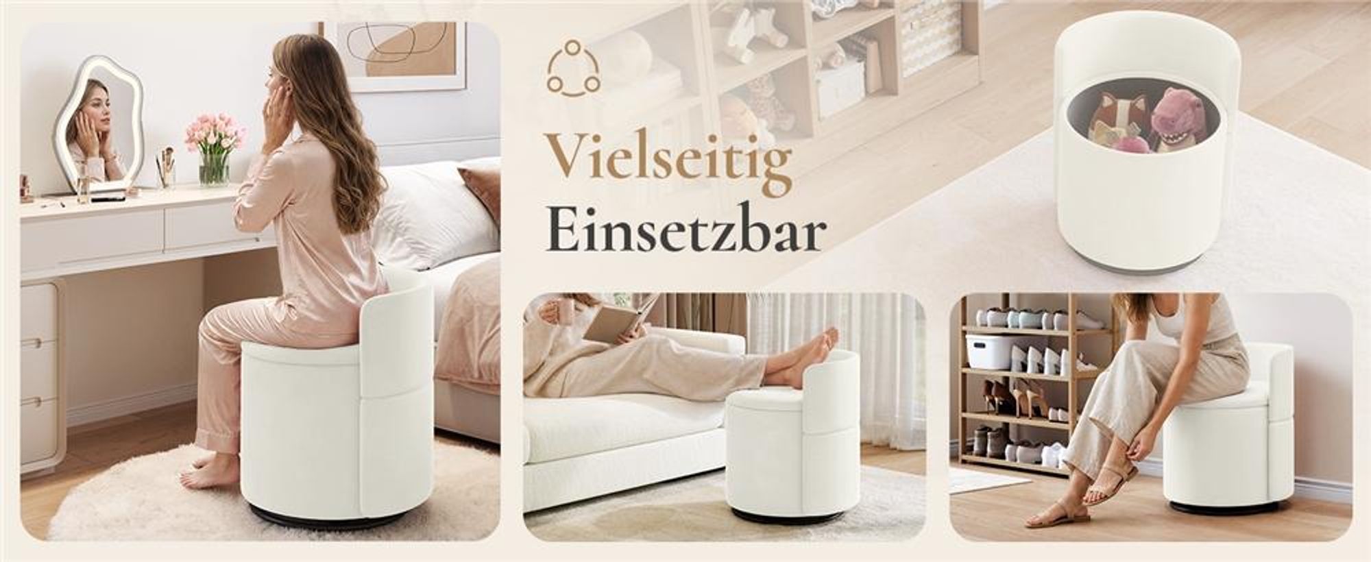 Yaheetech Drehbarer Sitzhocker mit Stauraum 40 L, gepolsterter Schminkhocker, Hocker für Schminktisch, aus Samtbezug, bis 136 kg, Weiß