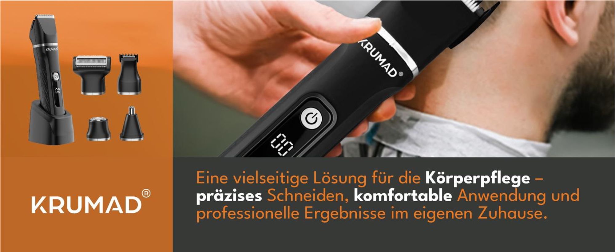 KRUMAD Haarschneidemaschine 6-in-1 IPX7 – Barttrimmer Herren, Elektrorasierer & Nasenhaartrimmer mit LED-Display – 120 Min Laufzeit & 4 Aufsätze